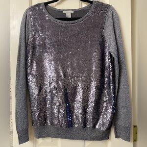 H&M Silver/Grey Sequin Front Crew Neck Sweater Size Large